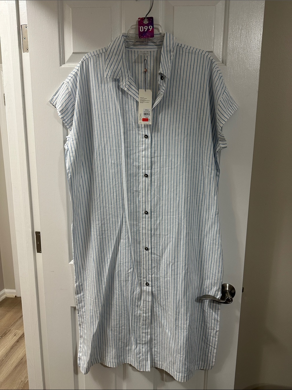 Alia Blue and White Striped Short-Sleeve Button-Down Shirt Dress